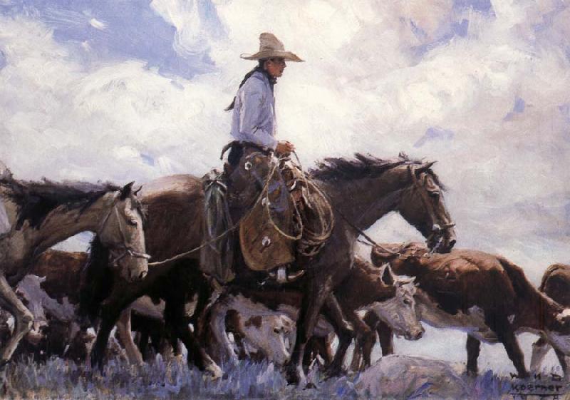 W.H.D. Koerner The Stood There Watching Him Move Across the Range,Leading His Pack Horse Sweden oil painting art